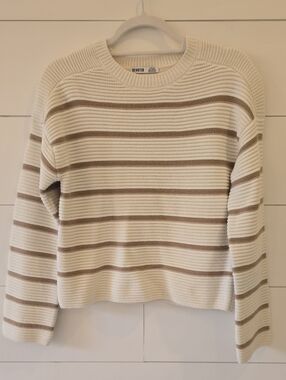 Cream & Brown Striped Crewneck Sweater